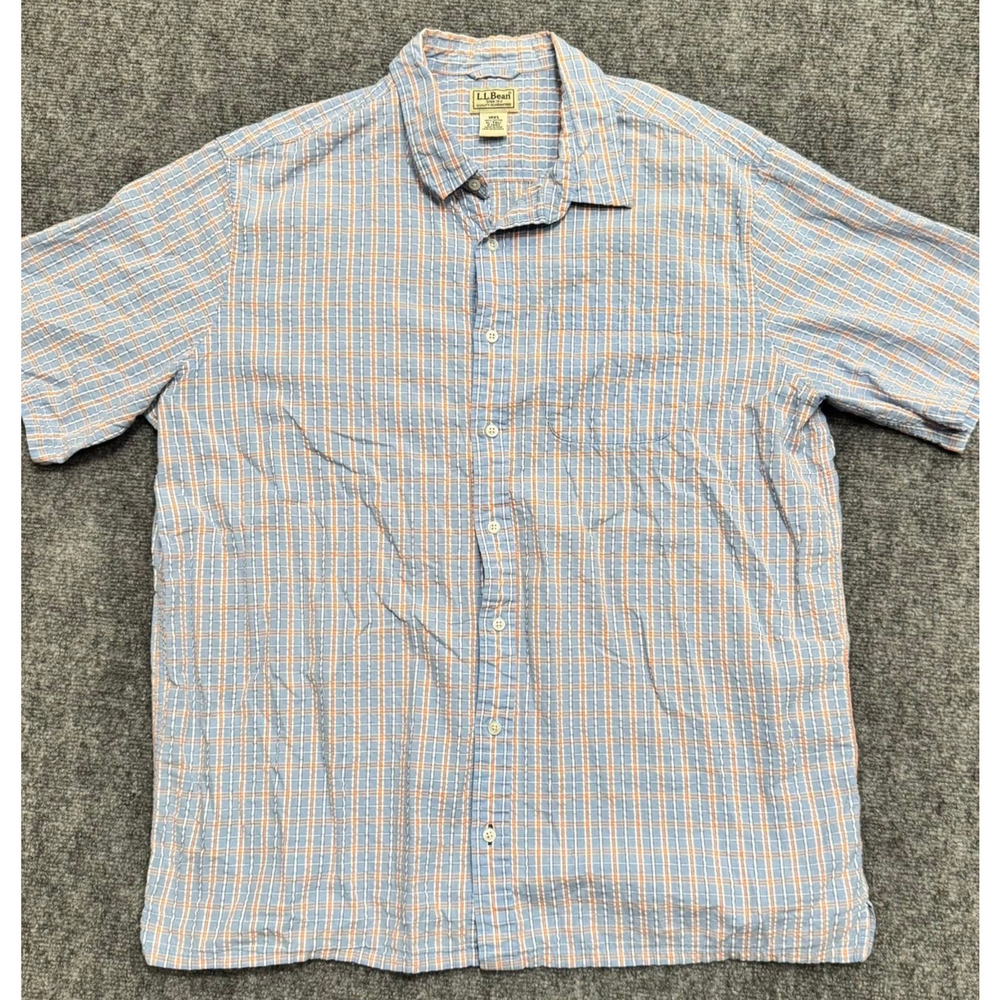 L.L. Bean SEERSUCKER Orange Blue Check Plaid Short Sleeve Shirt Vintage XL TALL